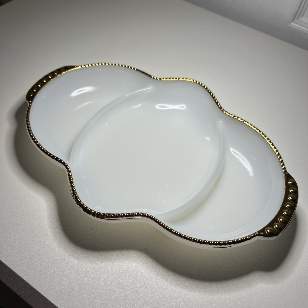 Anchor Hocking Fire King Milk Glass‎ Divided Dish With Gold Gild Beaded Trim